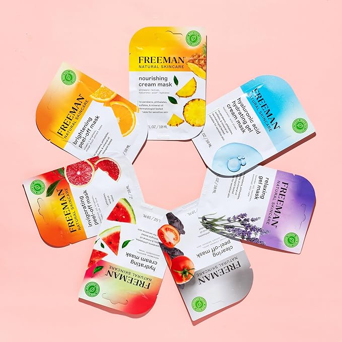 Freeman Naturals Facial Mask 12 Piece Variety Bundle, Peel-Off, Gel & Cream Face Masks, Hydrating, Brightening, & Nourishing Skincare, Natural Ingredients, Travel Size, 0.33 fl. oz./10 ml Sachets