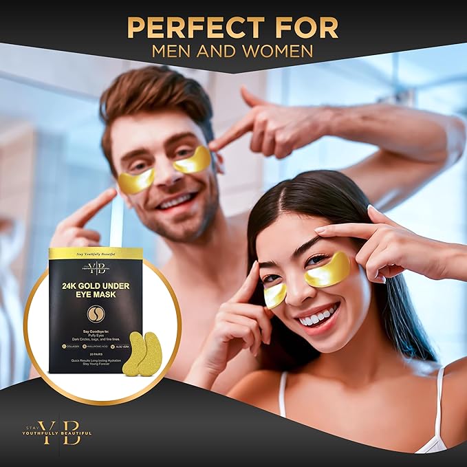 24k Gold Under Eye Patches (20 Pairs), facial wrinkle patches, Hyaluronic Acid, Aloe Vera, Collagen Skin Care anti wrinkle treatment, Eye Patches for Puffy Eyes, eye masks dark circles and puffiness