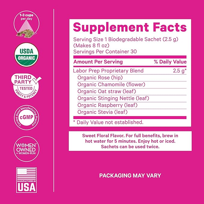 Pink Stork Labor Prep Tea, Organic Red Raspberry Leaf with Chamomile and Rosehip, Caffeine-Free, Pregnancy Must Haves, Labor and Delivery Essentials, Third Trimester Pregnancy - 15 Sachets