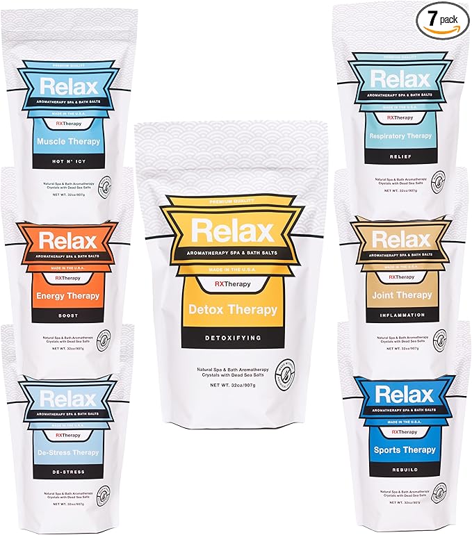 Relax Spa & Bath, Epsom & Dead Sea Salts, Aromatherapy Bath Salts for Hot Tub, Bath, or Spa, Infused with Magnesium, 32 oz Each, 7 Pack RX Therapy