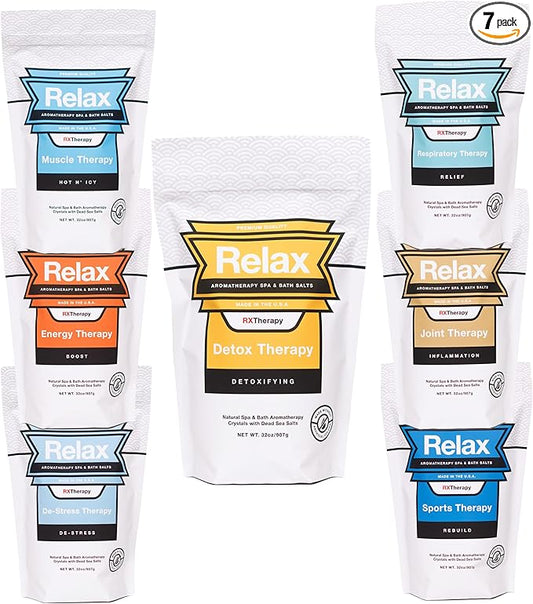 Relax Spa & Bath, Epsom & Dead Sea Salts, Aromatherapy Bath Salts for Hot Tub, Bath, or Spa, Infused with Magnesium, 32 oz Each, 7 Pack RX Therapy
