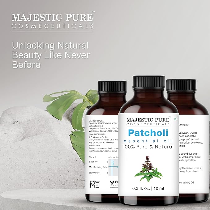 Majestic Pure Organic Patchouli Essential Oil - 100% Pure Patchouli Oil for Aromatherapy, Massage & Topical Uses, Perfect for Diffuser & Essential Oil Diffuser - 0.3 Fl Oz 10 ml.