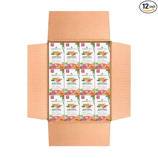 Miracle Tree - 12 Count of Organic Moringa Superfood Tea, 25 Individually Sealed Tea Bags, Peach & Ginger (Keto, Detox, Energy/Immunity Booster, Vegan, Gluten-Free, Organic, Non-GMO, Caffeine-Free)