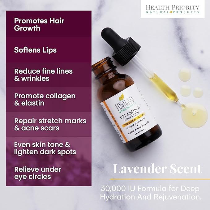 Health Priority Organic Vitamin E Oil for Skin & Scars - 15000 IU, 1 Fl Oz - Handmade in South Carolina, Non-GMO, Gluten & Cruelty Free, Vegan - Lavender Scented