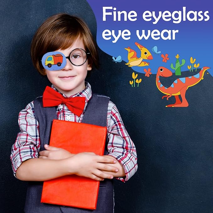 Newcotte 12 Pcs Eye Patch for Kids Toddler Reusable Adjustable Girls Boys Eyepatch for Glasses Left or Right Eye Patch, Assorted Patterns(Dinosaur)