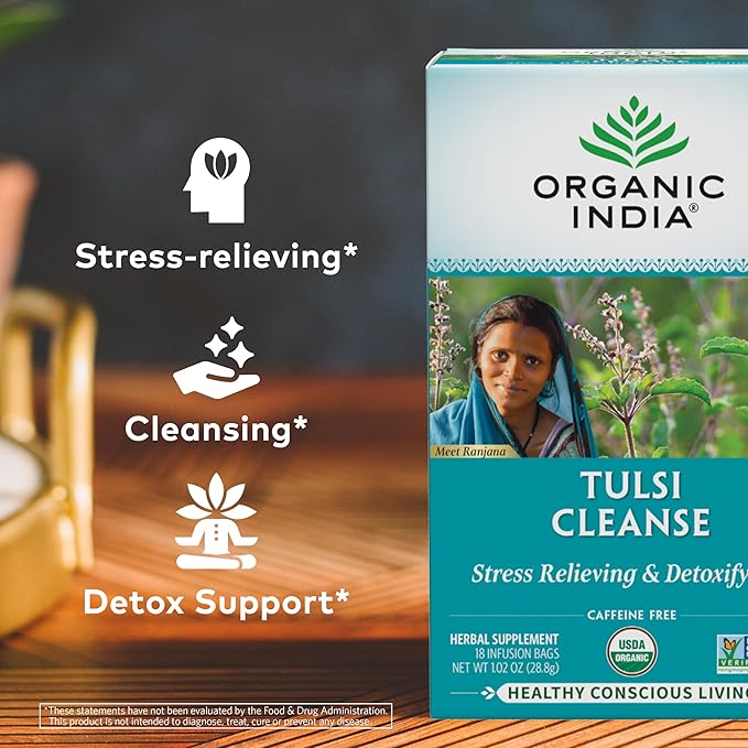 Organic India Tulsi Cleanse Herbal Tea - Holy Basil, Stress Relieving & Cleansing, Immune Support, Adaptogen, Vegan, USDA Certified Organic, Non-GMO, Caffeine-Free - 18 Infusion Bags, 1 Pack