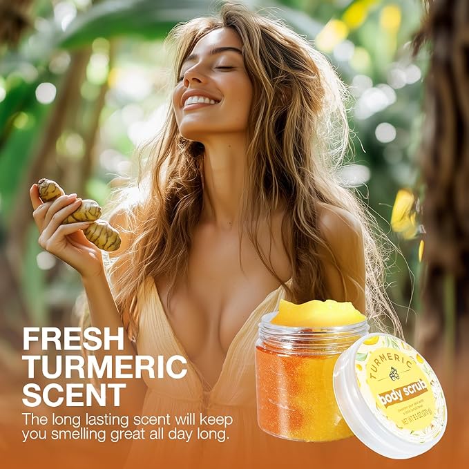 Turmeric Body Scrub, Turmeric Scrub for Private Area, Sugar Scrub for Body, Exfoliating Body Scrub for Smooth and Moisturized Skin, Natural Gifts for Women, 9.52oz
