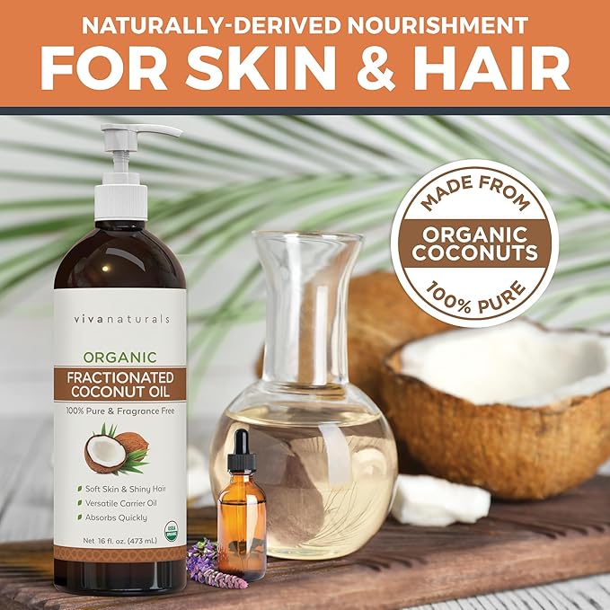 Viva Naturals Organic Fractionated Coconut Oil - Skin & Hair Moisturizer, Relaxing Massage and Body Oil, Carrier Oil for Essential Oils Mixing, Pure Non-Greasy Coconut Oil for Skin and Hair, 16 fl oz