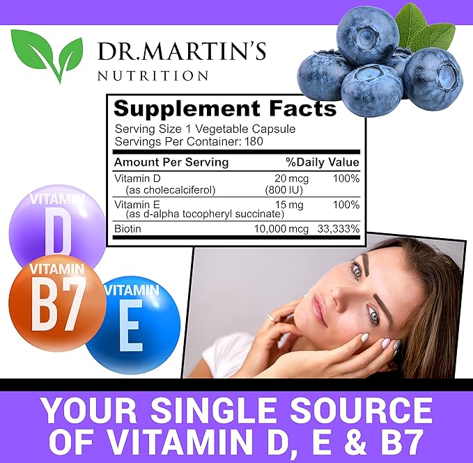 Potent Biotin (Vitamin B7) 10,000 mcg with Vitamins D & E Supplement | 180 Count | Hair, Skin And Nails | For Thicker & Stronger Hair Growth | Healthy, Youthful Skin & Strong Nails | Energy Support
