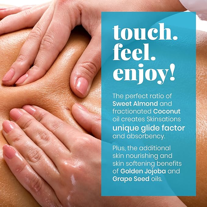 Skinsations - Vanilla Massage Oil for Massage Therapy - 8oz | Silky-Soft Blend of Sweet Almond, Fractionated Coconut, Grapeseed and Jojoba Oil | Scented Body Oil, Sore Muscles, Aromatherapy