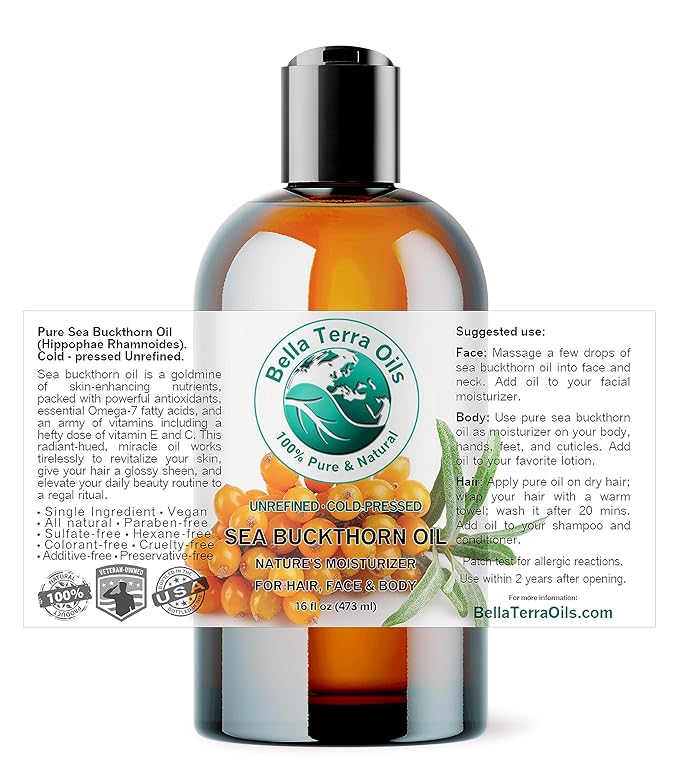 Bella Terra Oils - Sea Buckthorn Oil 16 oz - Capturing the Essence of Organic Sea Buckthorn Berries, Loaded with Omega-7 & Omega-9, A Sumptuous Embrace for Skin