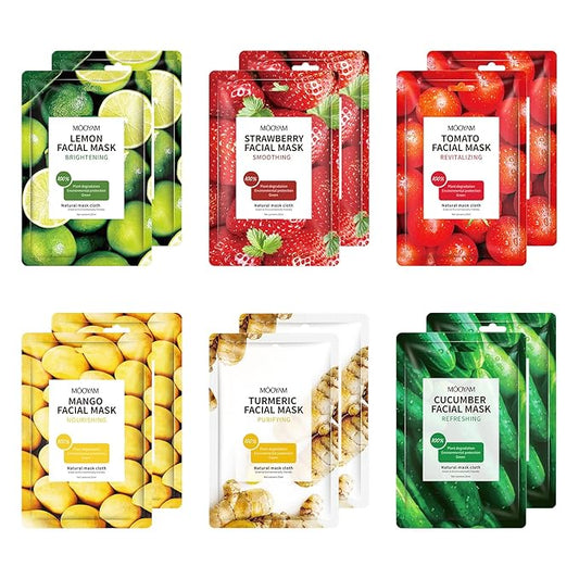 Face Mask Skincare - 12 Sheet Masks, Spa Party Face Masks, Natural Ingredients, Moisturizing & Soothing - Suitable for All Skin Types