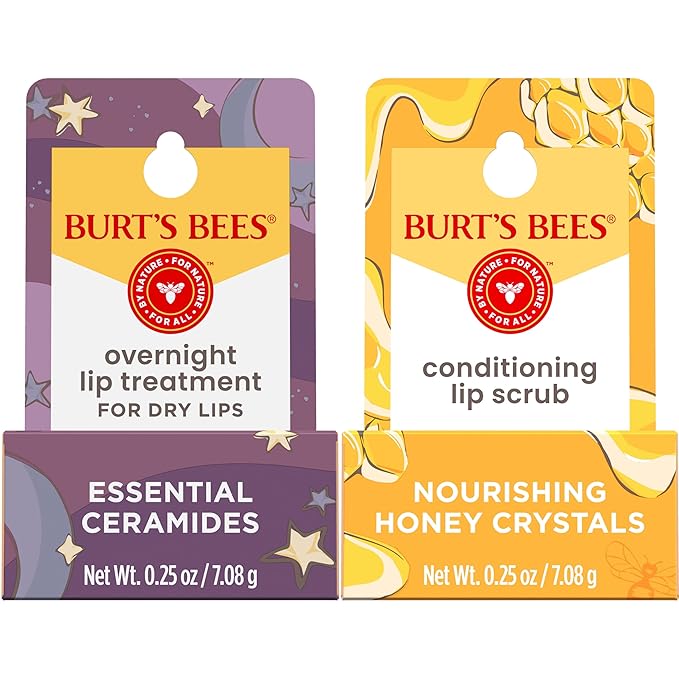Burt’s Bees Conditioning Lip Scrub and Overnight Intensive Lip Treatment, With Ceramides, College Back to School Dorm Essentials, Exfoliates and Hydrates Lips 8 Hours, Natural Origin, 2 Jars, 0.25 oz