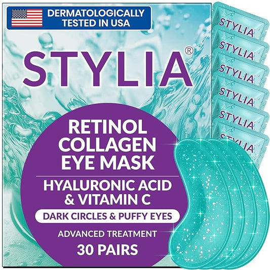Stylia Under Eye Patches for Puffy Eyes and Dark Circles (30 Pairs) - Marine Collagen Under Eye Mask with Retinol, Vitamin C, Hyaluronic Acid, Pearl Extract - Eye Masks for Dark Circles and Puffiness
