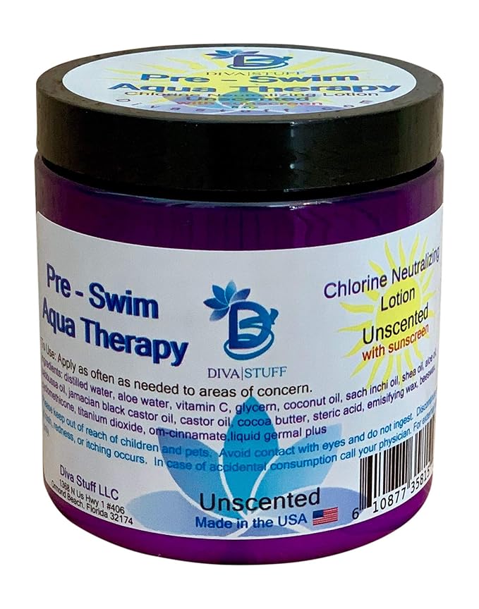 Diva Stuff Pre-Swim Aqua Therapy Chlorine Neutralizing Body Lotion, Protects Skin From Chlorine and Salt Water, 8 oz - Made in the USA, Unscented Sunscreen
