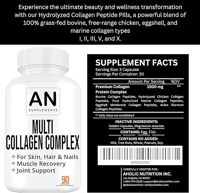 Multi Collagen Complex Capsules - Type I, II, III, V, & X - Collagen Protein Blend for Hair, Skin, Nails & Joints - Collagen Pills for Men & Women - 90 Collagen Capsules