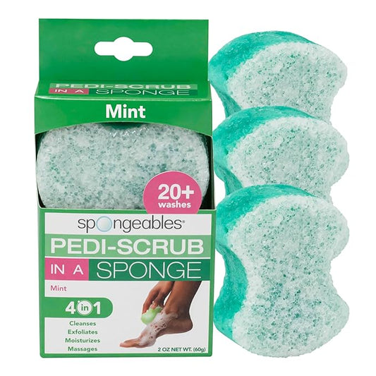Spongables Pedi Scrub Foot Exfoliating 20+ Wash Sponge, Peppermint and Tea Tree, 3 Count