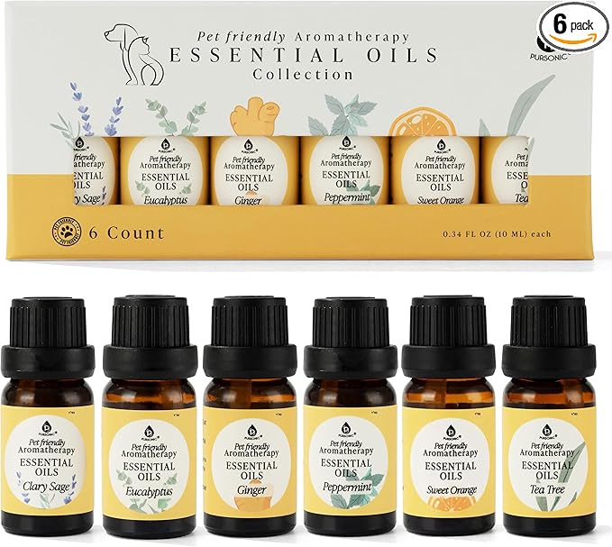 Pursonic Pet-Friendly Aromatherapy Oil Blends, 6-Piece Set with Eucalyptus, Sweet Orange, Peppermint, Clary Sage, Tea Tree, Ginger - Vet-Approved, Pet-Safe Aromatherapy, 10 ML