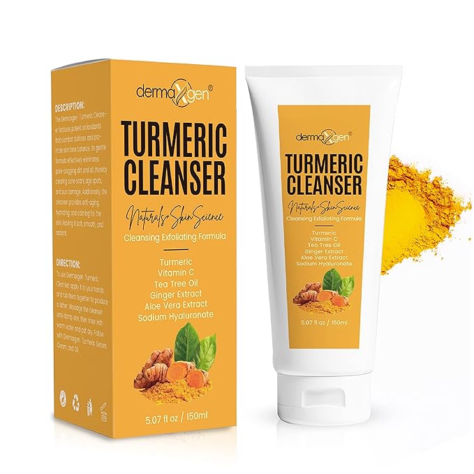 Turmeric Oil with Facial Cleanser Bundle – Organic Moisturizer for Acne, Dark Spots, Anti-Aging, & Hydration + Exfoliating Cleanser for Acne Scars & Skin Discoloration (2 FL OZ + 5 OZ)
