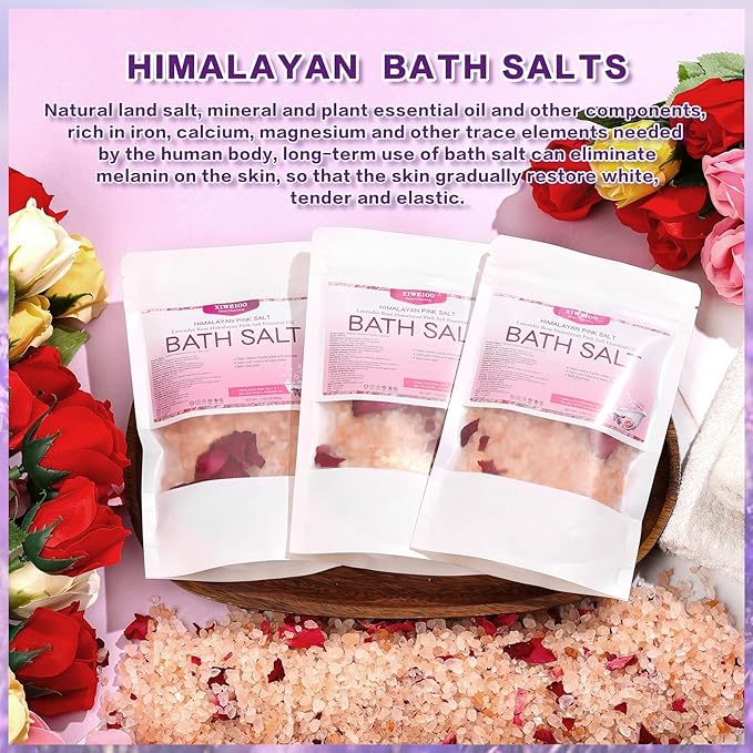 Bath Salts KIT Pack of 3 Natural Epsom Salt Rose Essential Oils Relaxes and Better Sleep Himalayan Pink Salt Foot Soak Tea Tree Oil Himalayan Foot Bath Salts Set