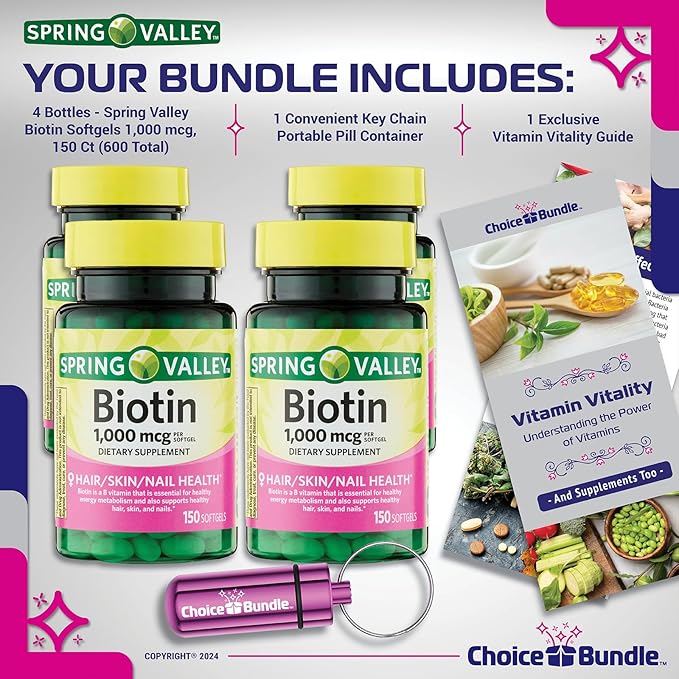 Spring Valley Biotin Softgels 1000mcg Dietary Supplement for Hair Skin Nail Health 150 Ct 4 pk (600 Total) + Vitamin Guide & Pill Container (6 Items)!