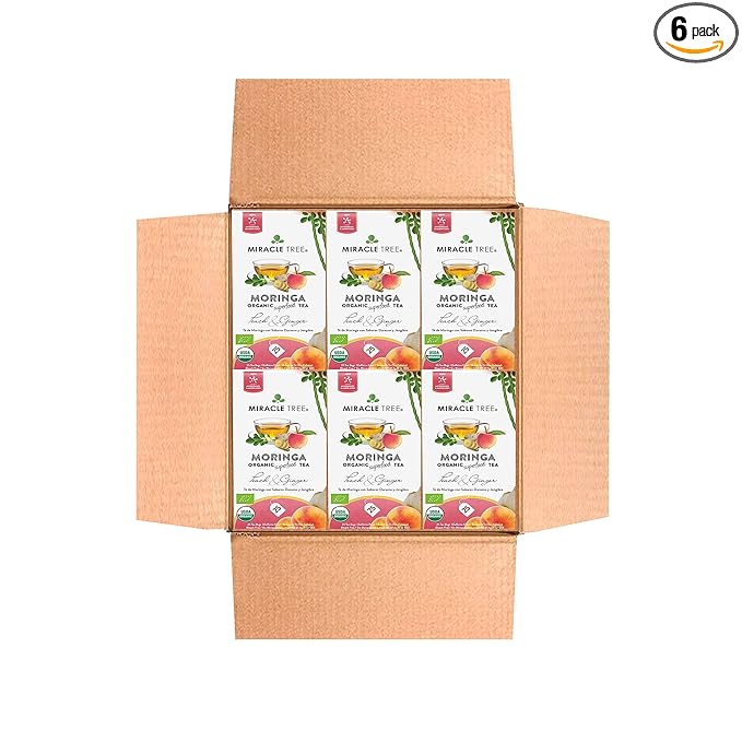 Miracle Tree - 6 Count of Organic Moringa Superfood Tea, 25 Individually Sealed Tea Bags, Peach & Ginger (Keto, Detox, Energy/Immunity Booster, Vegan, Gluten-Free, Organic, Non-GMO, Caffeine-Free)