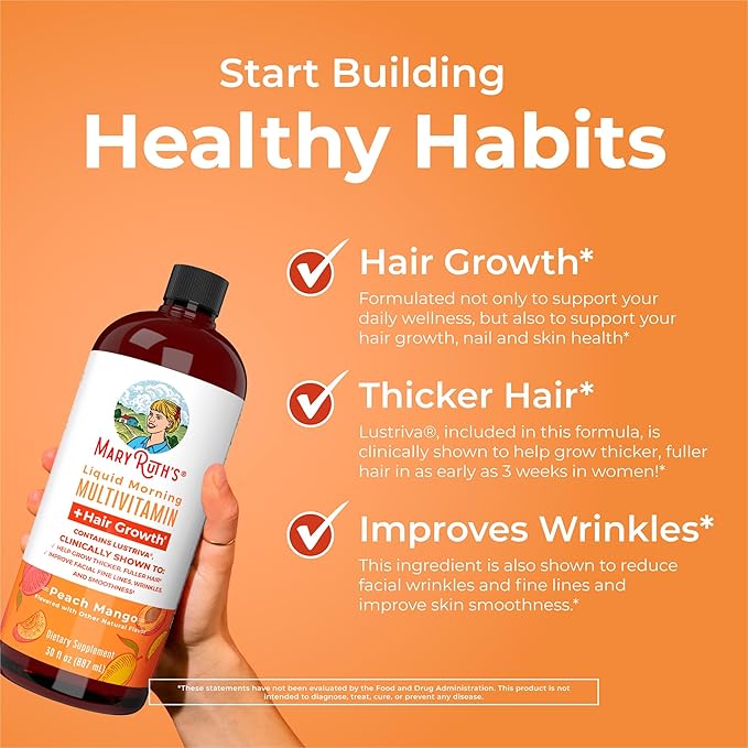 MaryRuth's Liquid Multivitamin + Hair Growth | Biotin 10000mcg | Lustriva Hair Growth Supplement | Clinically Tested in Women for Thicker Hair & Facial Wrinkle | Skin Care | Ages 18+ | 30 Fl Oz