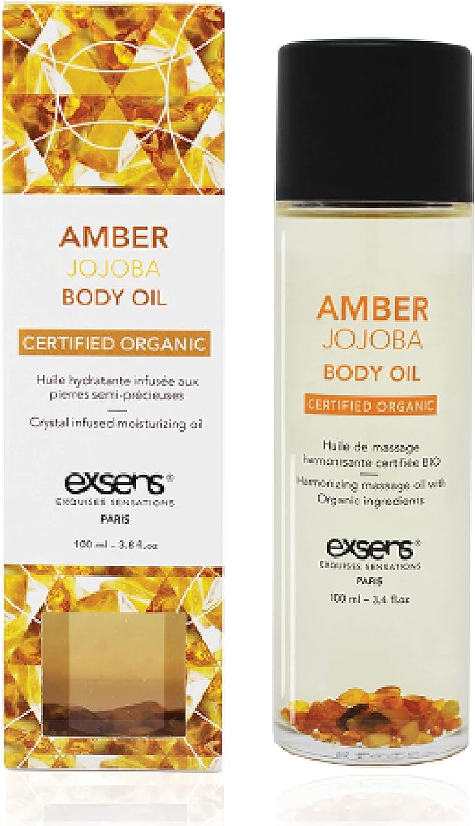 EXSENS Amber Jojoba Crystal Infused Moisturizing Body Oil, Great for Skin& Hair, Certified Organic, Vegan, Paraben Free, Non GMO, Natural Fragrance, 100 ml - 3.8 fl.oz