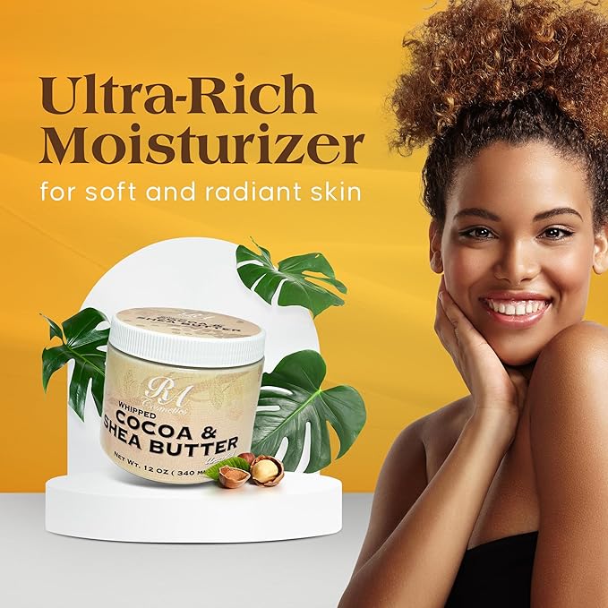 RA COSMETICS Whipped Cocoa & Shea Butter, Unscented - 12oz | 100% Pure & Natural Skin Moisturizer with Coconut Oil | Vitamin-Rich Body Butter for Soft, Supple, and Radiant Skin & Healthy Hairs
