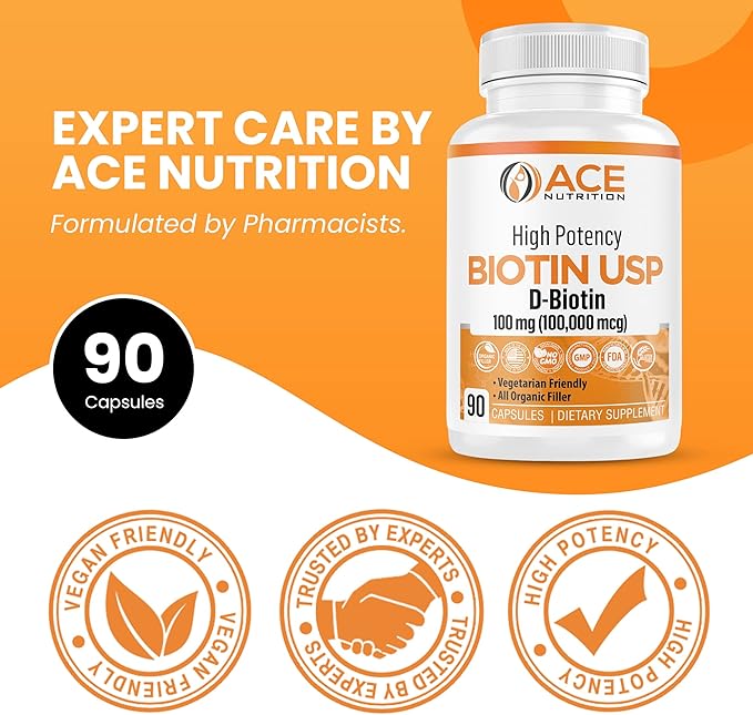 High Potency Biotin USP (D-Biotin 100,000mcg) - Superior Biotin, Organic Rice Flour, Vegetarian Capsules For Hair, Skin, & Myelin Health, Made in the USA (100mg/90 Capsules)