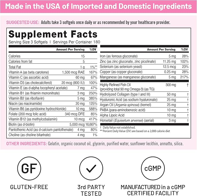 NatureWise Hair Skin and Nails Vitamin, Biotin 5000mcg w/Hyaluronic Acid, Collagen for Women with C, B Complex, D3, A, E, Iron - Non-GMO, Gluten Free - 540 Softgels[6-Month Supply]