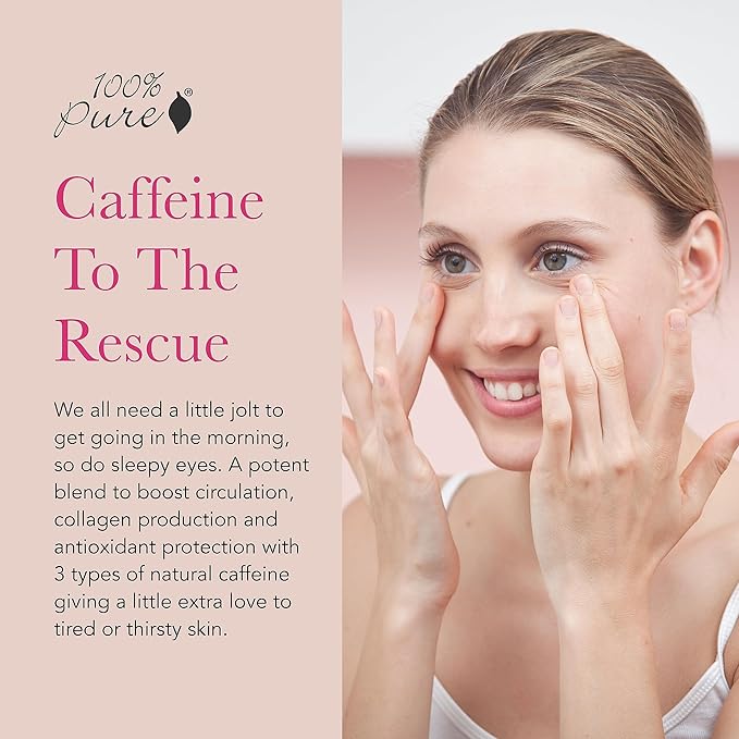100% PURE Coffee Bean Caffeine Eye Cream Refresh & Hydrate Under Eye Treatment Reduce Puffiness, Dark Circles, Wrinkles with Green Tea, Rose Hip, Vitamin E - Youthful Vibrant Eyes - Vegan - .3 oz