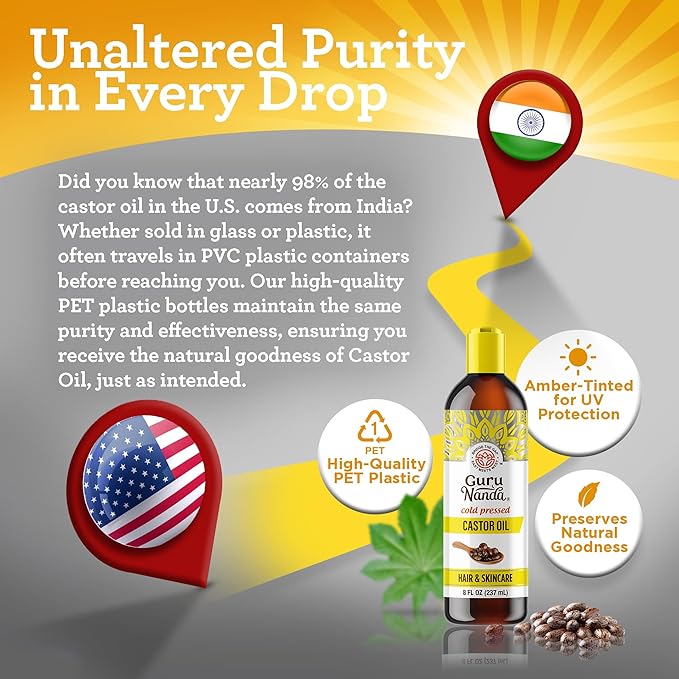 GuruNanda Castor Oil (8 Fl oz), 100% Pure, Cold Pressed & Hexane-Free, Hydrating Carrier Oil, Natural Castor Oil for Hair, Eyebrows & Eyelashes Growth