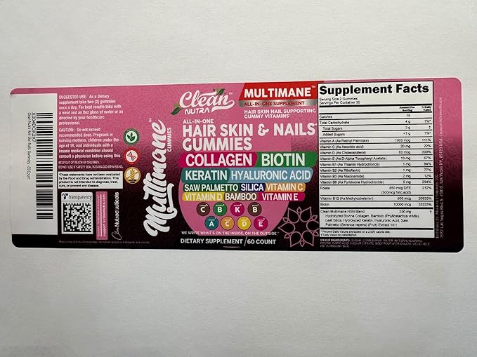 Multimane Collagen Gummies with Biotin Keratin Hyaluronic Acid Bamboo Vitamin A C Vitamin D Vitamin E Folate Saw Palmetto Silica B3 Vitamins Hair Skin and Nails Gummies by Clean Nutra