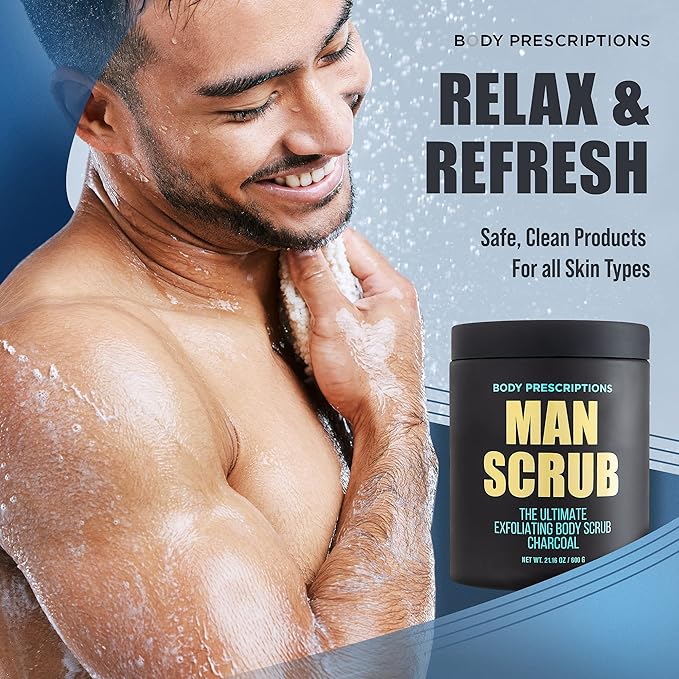 Body Prescriptions Men’s Exfoliating Body Scrub – Ultimate Skin Cleansing Wash in Jar with Twist-Top Lid, For All Skin Types, 21 Ounce (Pack of 1), Charcoal