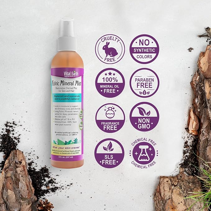 Vital Earth Minerals Fulvic Mineral Facial Mist for Skin Care & Hair - Hydrating Face Spray, Cellular Renewal & Repair, Hydrating Mist with Antioxidants, Fulvic Acid in Pure Water, 8 Fl Oz