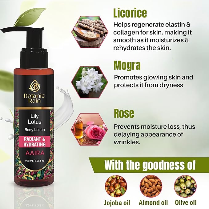 Organic Body Lotion With Lily & Lotus - Body Lotion For Crepey Skin, Body Lotion For Women, Natural, Vegan and Ayurveda Products - 6.76 fl oz