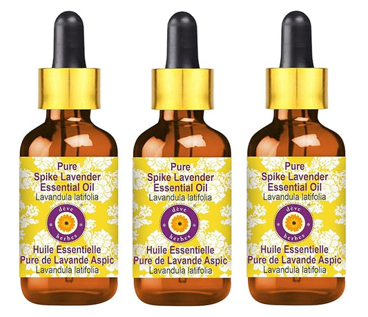 Deve Herbes Pure Spike Lavender Essential Oil (Lavandula latifolia) with Glass Dropper Steam Distilled (Pack of Three) 100ml X 3 (10 oz)