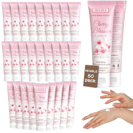 50 Pack Travel Size Body Lotion 1 oz Cherry Blossom and Jojoba Oil Body Lotion Dry Skin Moisturizer with Flip Cap for Extra Dry Skin, Inns, Hotels Resorts, Airlines, Offices, Gyms and More