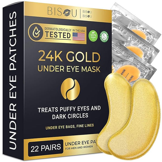 24K Gold Under Eye Patches (22 Pairs) – Collagen Masks for Dark Circles, Puffiness & Wrinkles – Skincare Treatment for Women