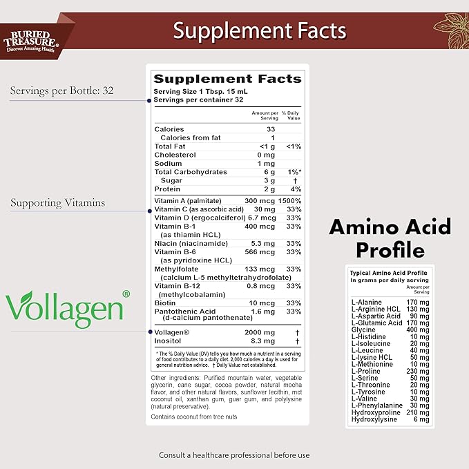 Buried Treasure Nature's Vollagen – 2000mg Vollagen Complex, Skin, Hair, and Joint Health, 100% Plant-Based, Gluten-Free, Soy-Free, Dairy-Free, Chocolate Mocha Flavor, 16oz Liquid