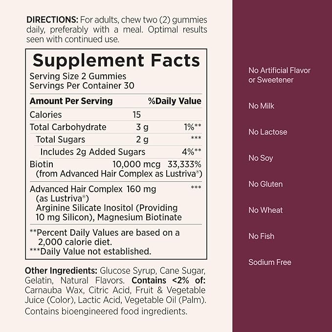 Nature's Bounty Hair Growth Gummies for Supporting Thicker, Fuller Hair with Biotin, Silicon & Arginine, Peach Mango Flavor – Gluten Free, Contains No Lactose, Sodium or Fish, 60 Count/30 Servings