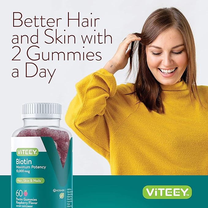 Biotin Gummies for Hair Skin Nails 10,000mcg - Hair Growth Gummies, Healthy Skin Glow, Strong Healthy Nail Growth - Vegan, Gluten Free, Gelatin Free, GMO Free - Tasty Chewable Raspberry Flavor