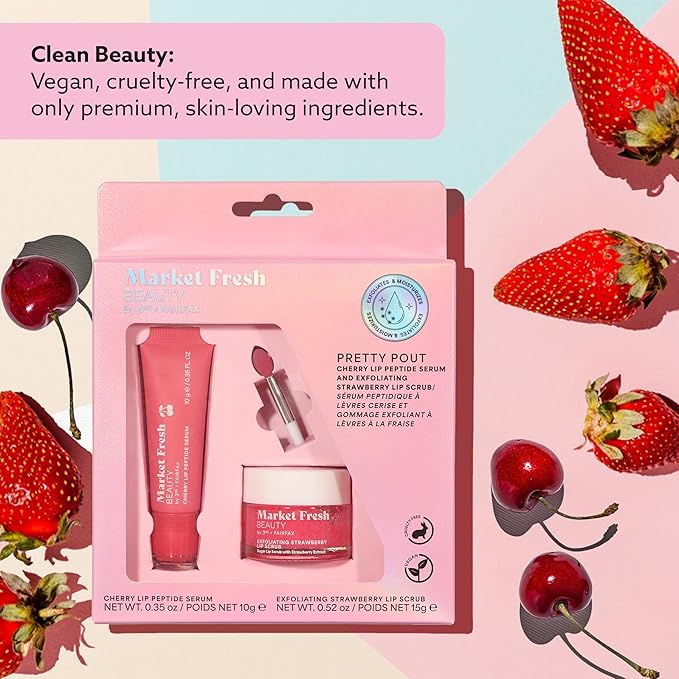 Pretty Pout Lip Kit – Exfoliating Strawberry Lip Scrub & Cherry Lip Peptide Serum | Hydrates, Smooths, and Revitalizes | Cruelty-Free & Clean Beauty