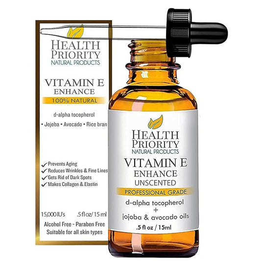 Health Priority Naturals Organic Vitamin E Oil for Skin - 0.5 Fl oz Vitamin E Serum with Jojoba and Avocado Oil - 15000 IU Unscented, Handcrafted for Face and Hair, Non-GMO and No Gluten