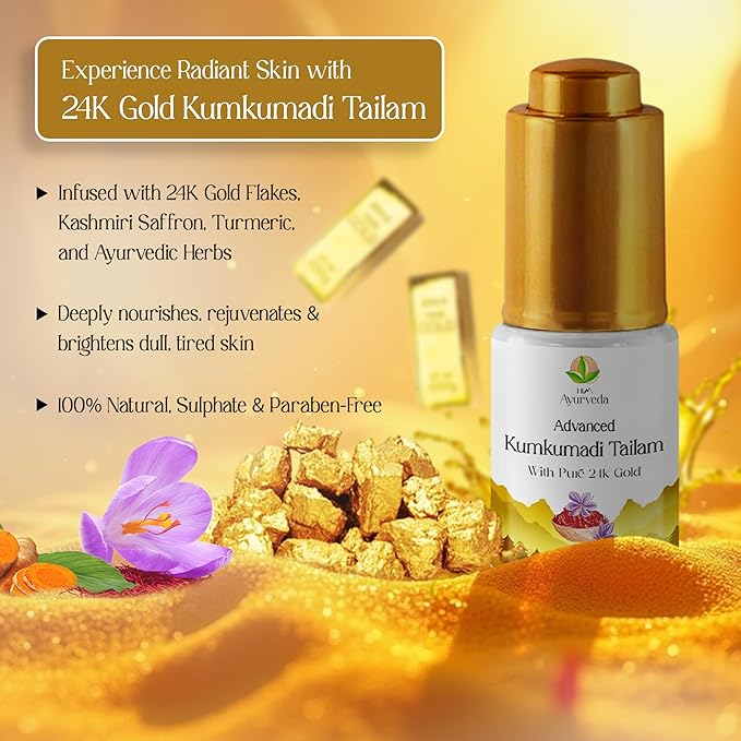 Kumkumadi Tailam 24K Gold Tailam | Organic Face Oil With 24K Pure Gold Flakes | Ayurvedic Face Oil for Healthy Skin, Dark Spots & Hydration | For Men & Women | 12ML (pack of 1)