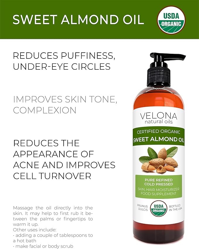 velona USDA Certified Organic Sweet Almond Oil - 16 oz | 100% Pure and Natural Carrier Oil | Refined, Cold Pressed | Skin, Hair, Body & Face Moisturizing | Use Today - Enjoy Results