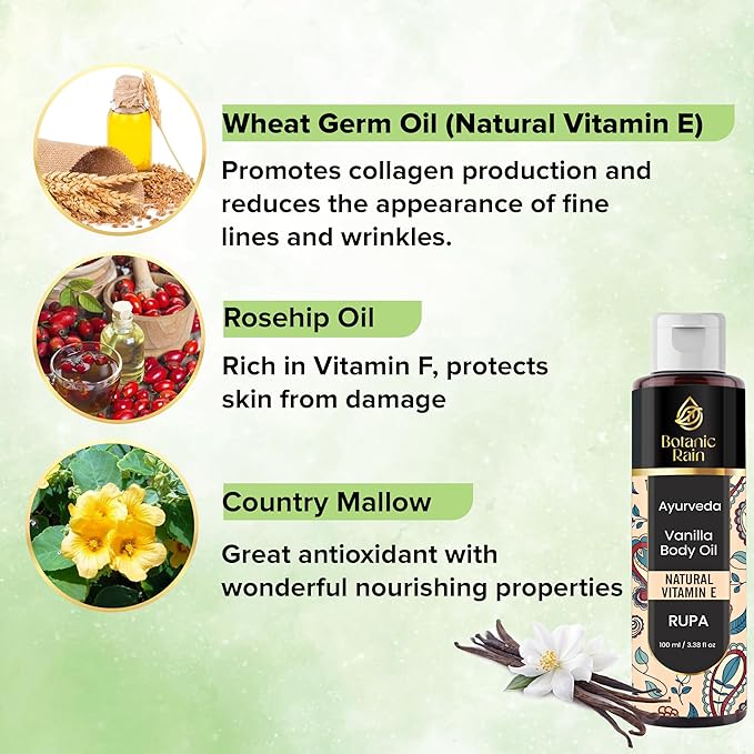 Ayurveda Vanilla Body Oil, Moisturizing & Hydrating Organic Vitamin E Oil, Body Oil For Women After Shower, Ayurveda Products For Crepey Skin - 3.38 Fl Oz (1)