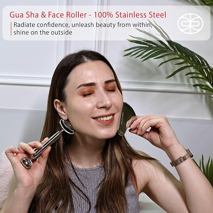 Rena Chris Gua Sha and Face Roller Set: Anti-Breakage Stainless Steel Roller for Long-Lasting Use, Jawline Sculpting and Puffiness Reducing, Gua Sha Facial Tools for Self Care Gift (Silver)