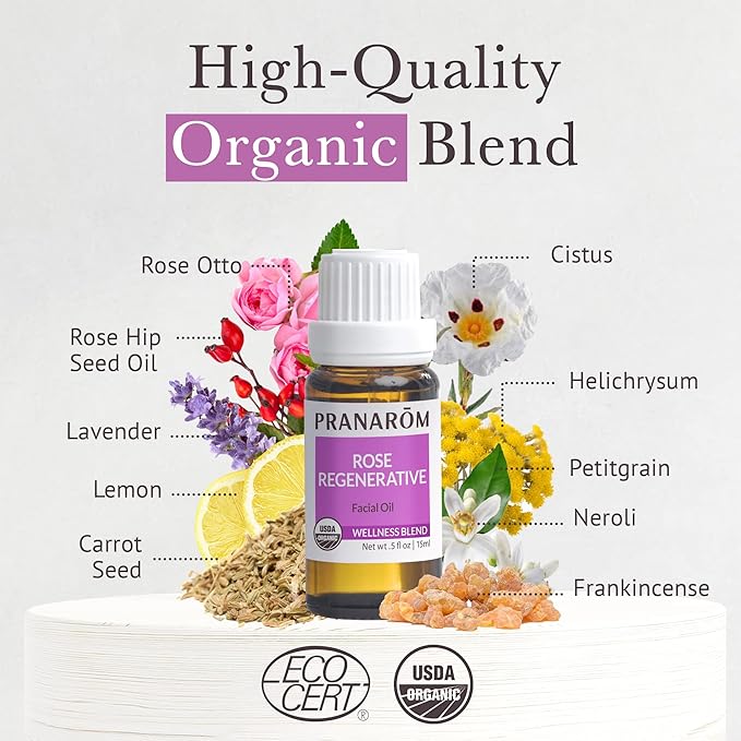 Pranarom - Rose Regenerative Facial Essential Oil Blend (5ml) - Lavender, Rosehip Seed, Frankincense, and Lemon - 100% Pure Essential Oil for Skincare | USDA and ECOCERT Certified Organic
